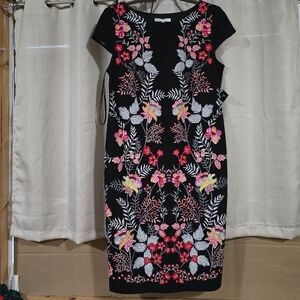 Sandra Darren Balck Floral Print Cap Sleeve Lightweight Women's Midi Dress Sz 8P